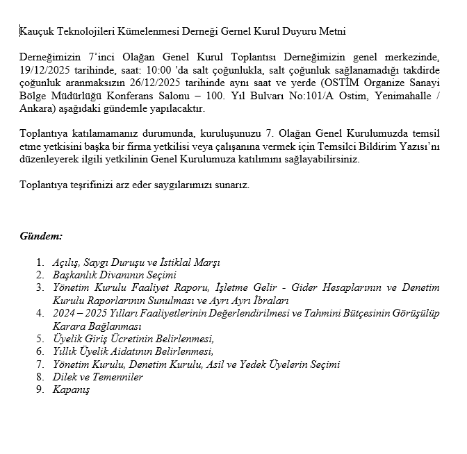 Genel Kurul Duyuru Metni